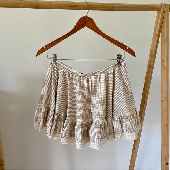 NWT Zara Plaid Gingham Ruffle Lace Frill Mini Skirt in Cream/Brown - S - Picture 5 of 8